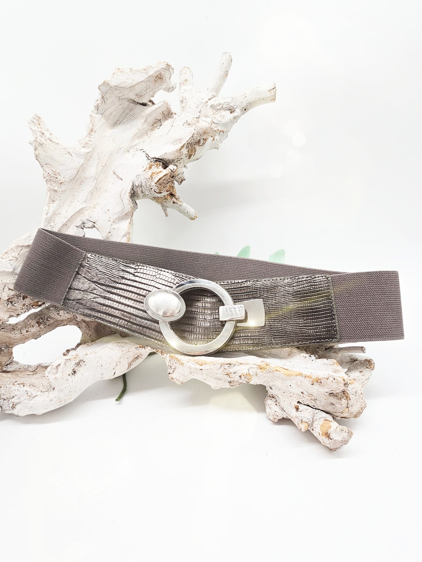 GÜRTEL Stretchgürtel / GRAU Silber / Schlangenprägung / Kunstleder