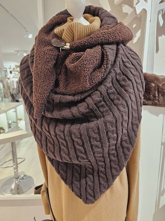 Dreiecksschal mit Teddy-Fell und Topfmuster in dunkelbraun