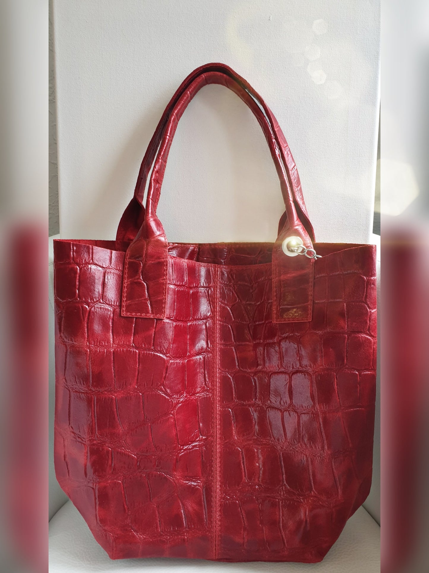 Tasche Shopper in Rot aus Leder mit Krokopraegung gross