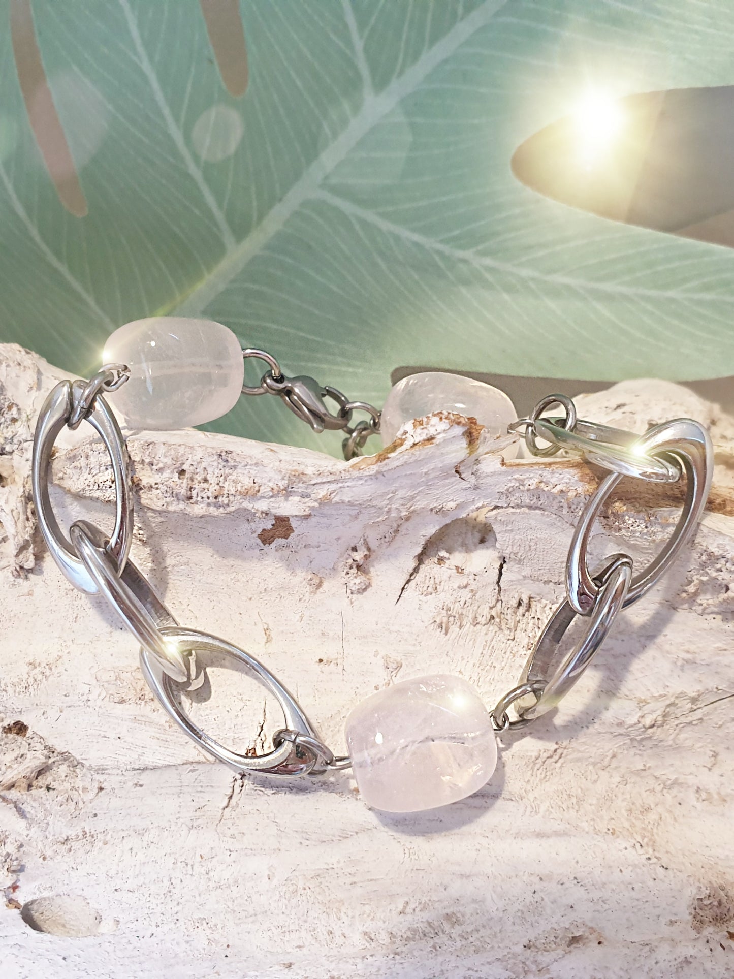 Gliederarmband aus Edelstahl mit Rosenquarz