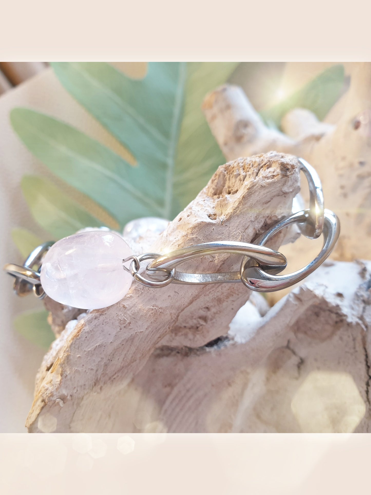 Gliederarmband aus Edelstahl mit Rosenquarz