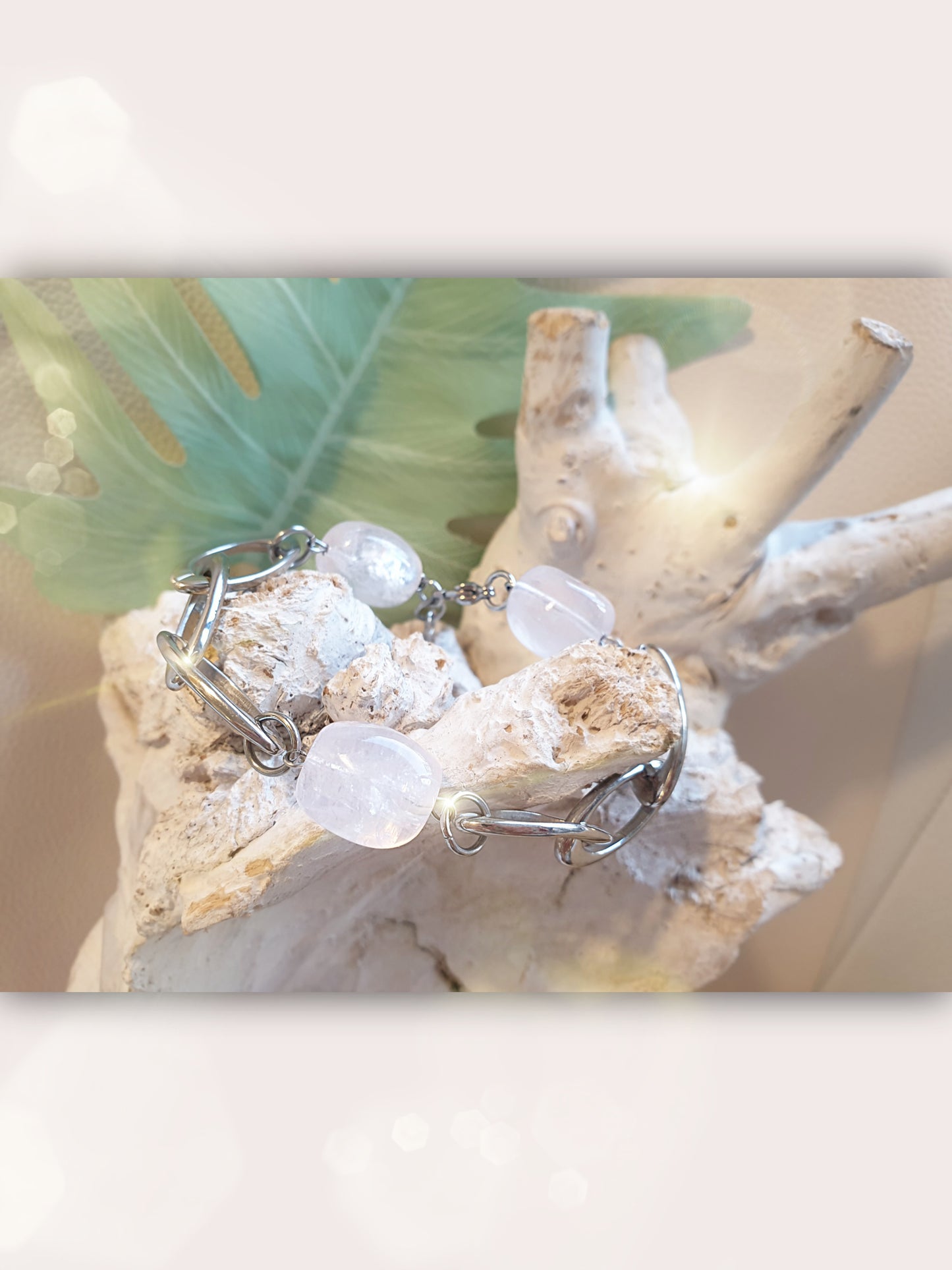 Gliederarmband aus Edelstahl mit Rosenquarz
