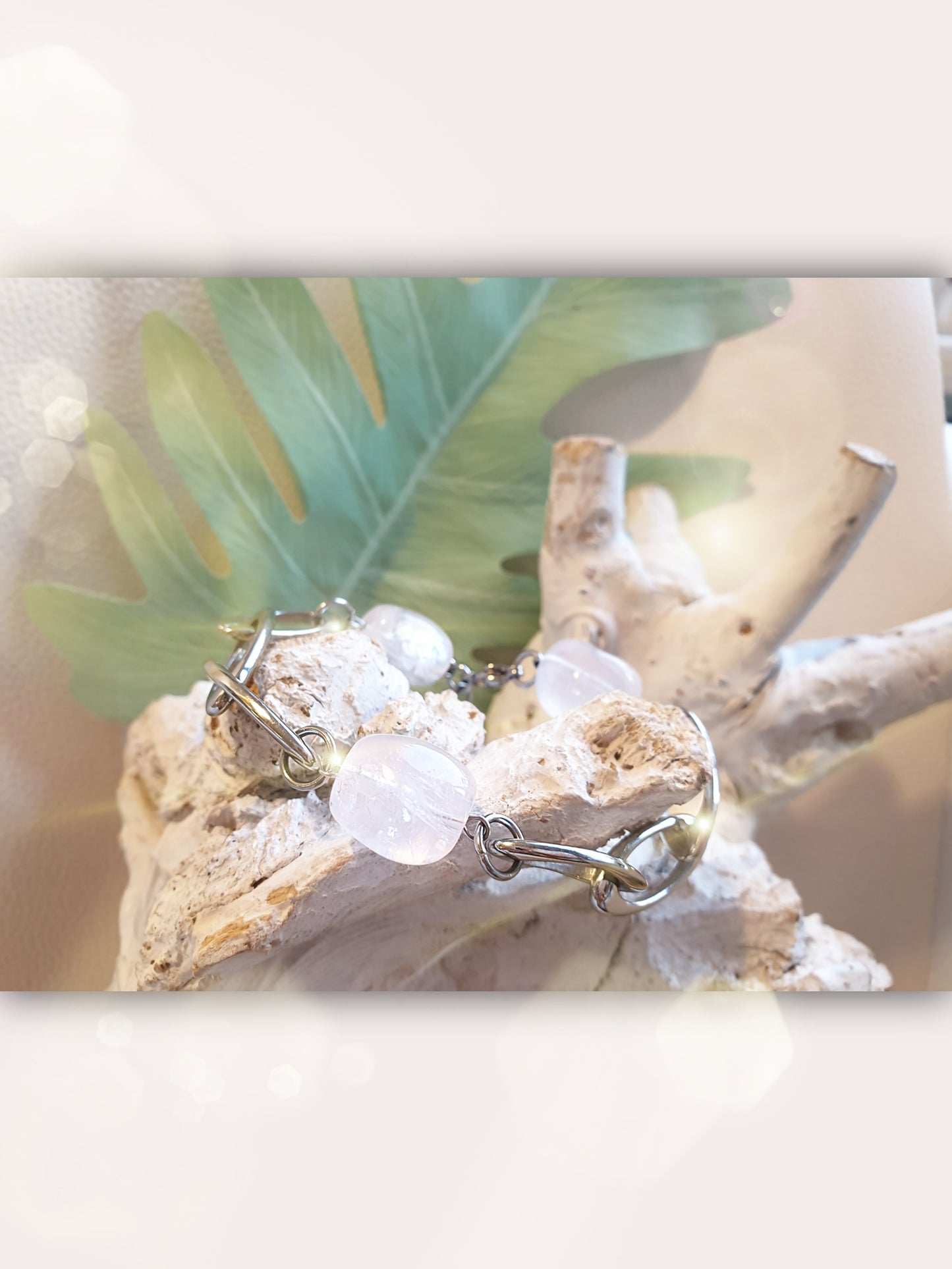 Gliederarmband aus Edelstahl mit Rosenquarz