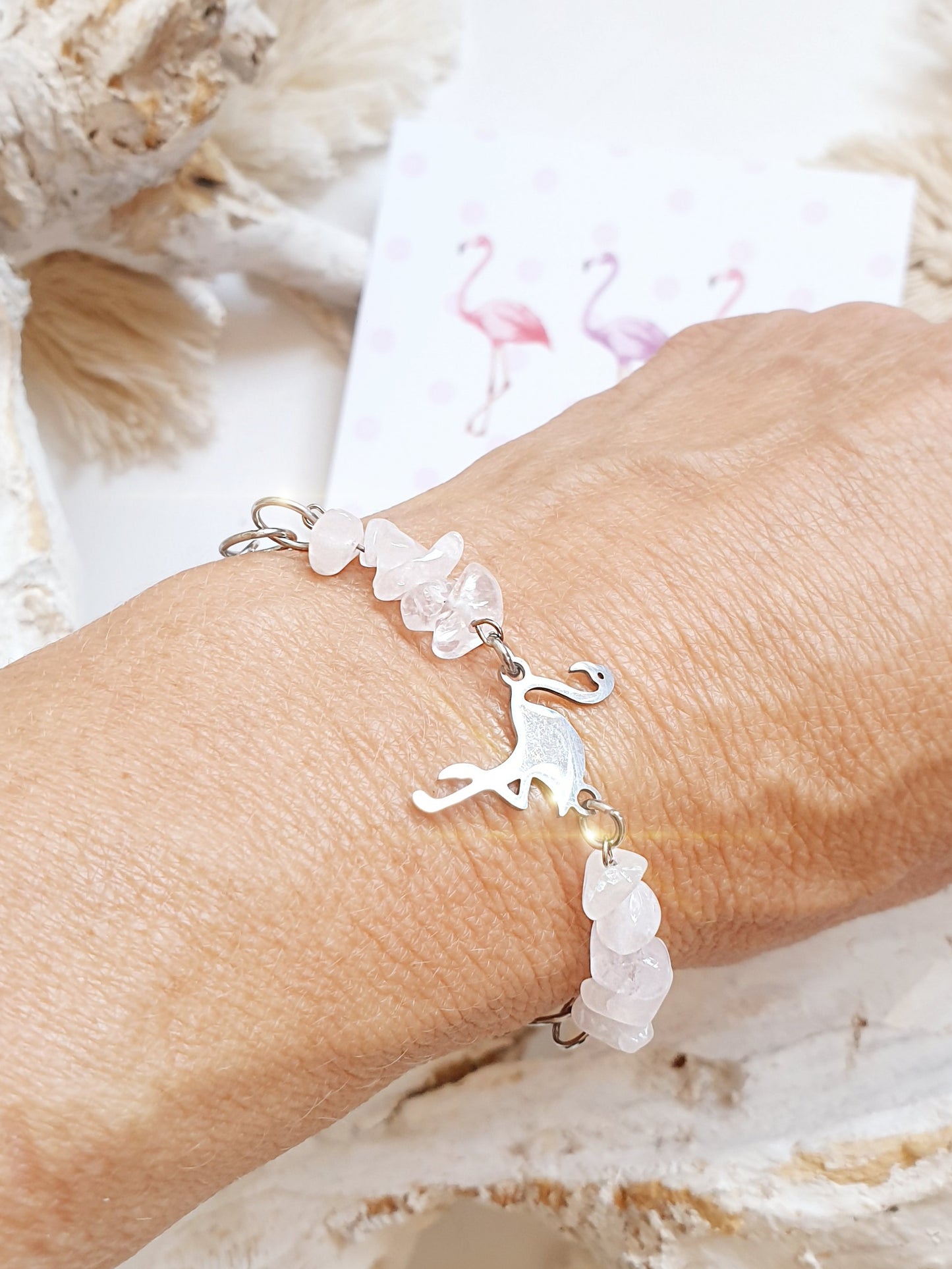 Armband mit Rosenquarz und Flamingo