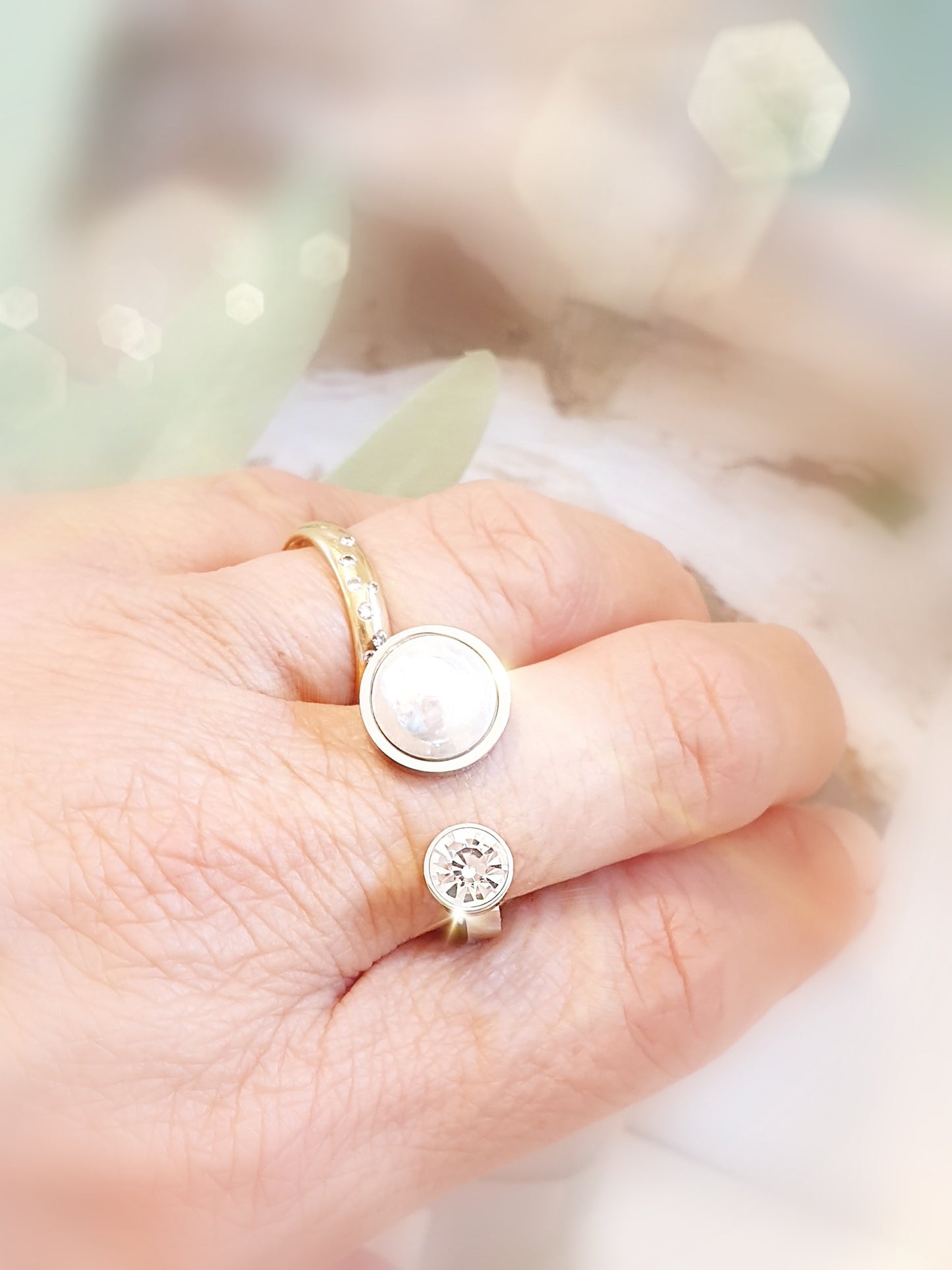 Edelstahlring mit Perle und strassstein Silber