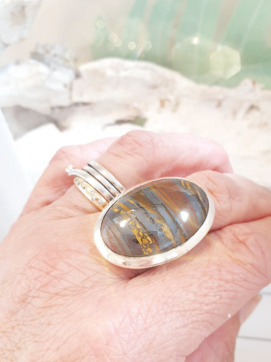 Großer Sterlingsilberring mit Tigereisen an Hand
