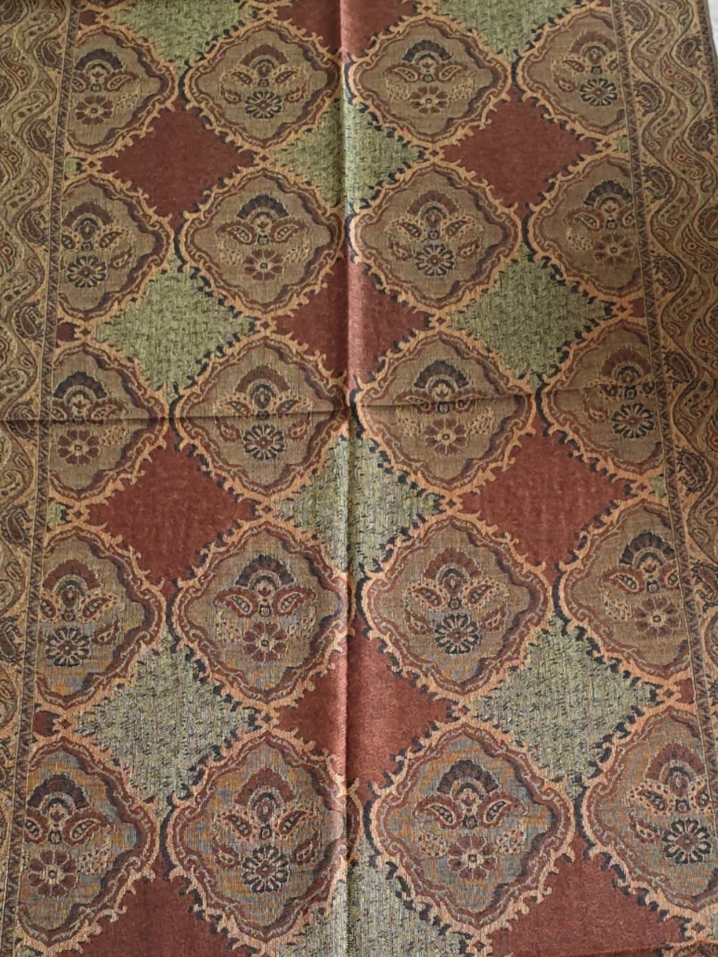 Schal boho gobelin braun olivgrün Cognac