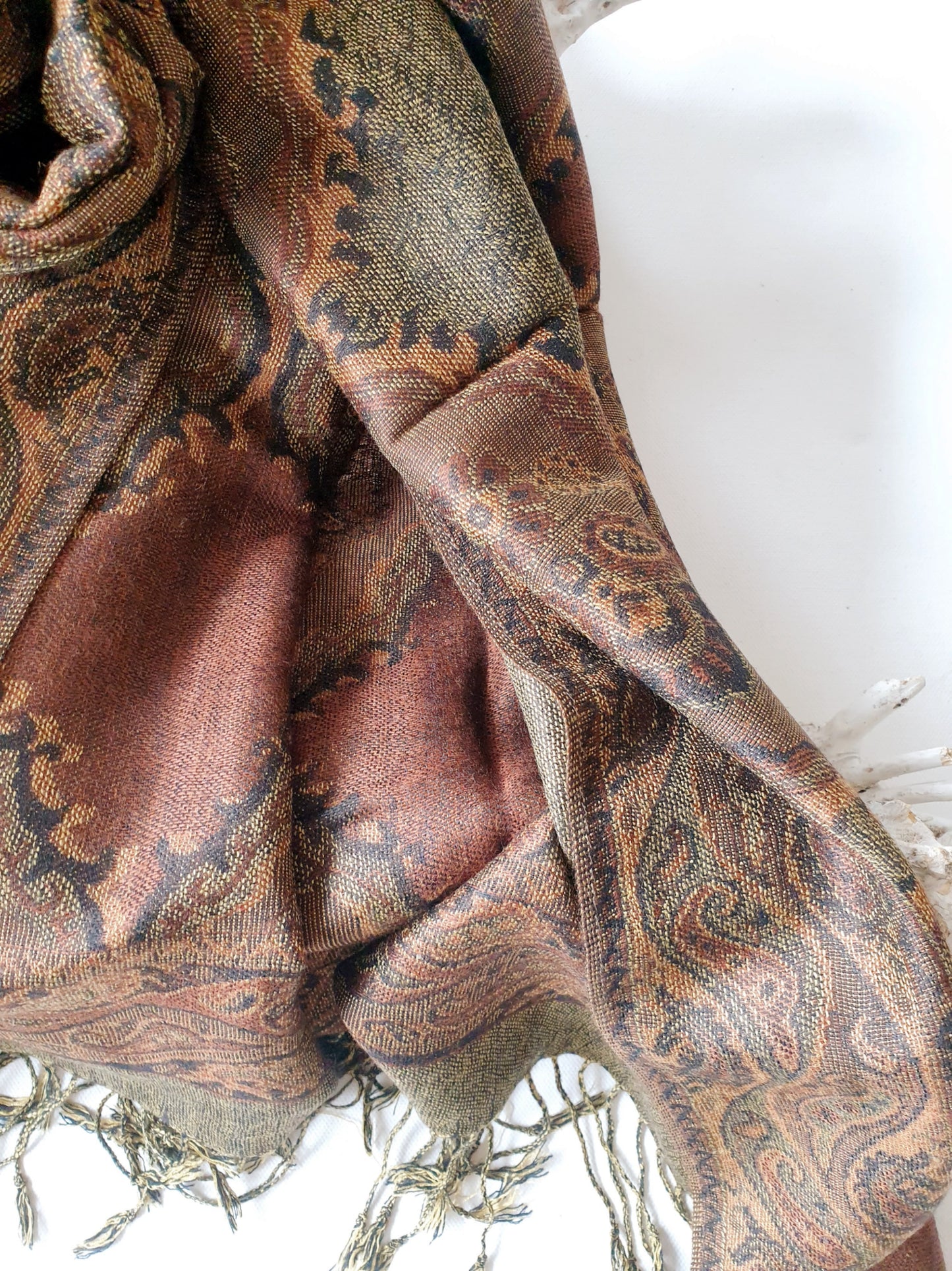 Schal boho gobelin braun olivgrün Cognac
