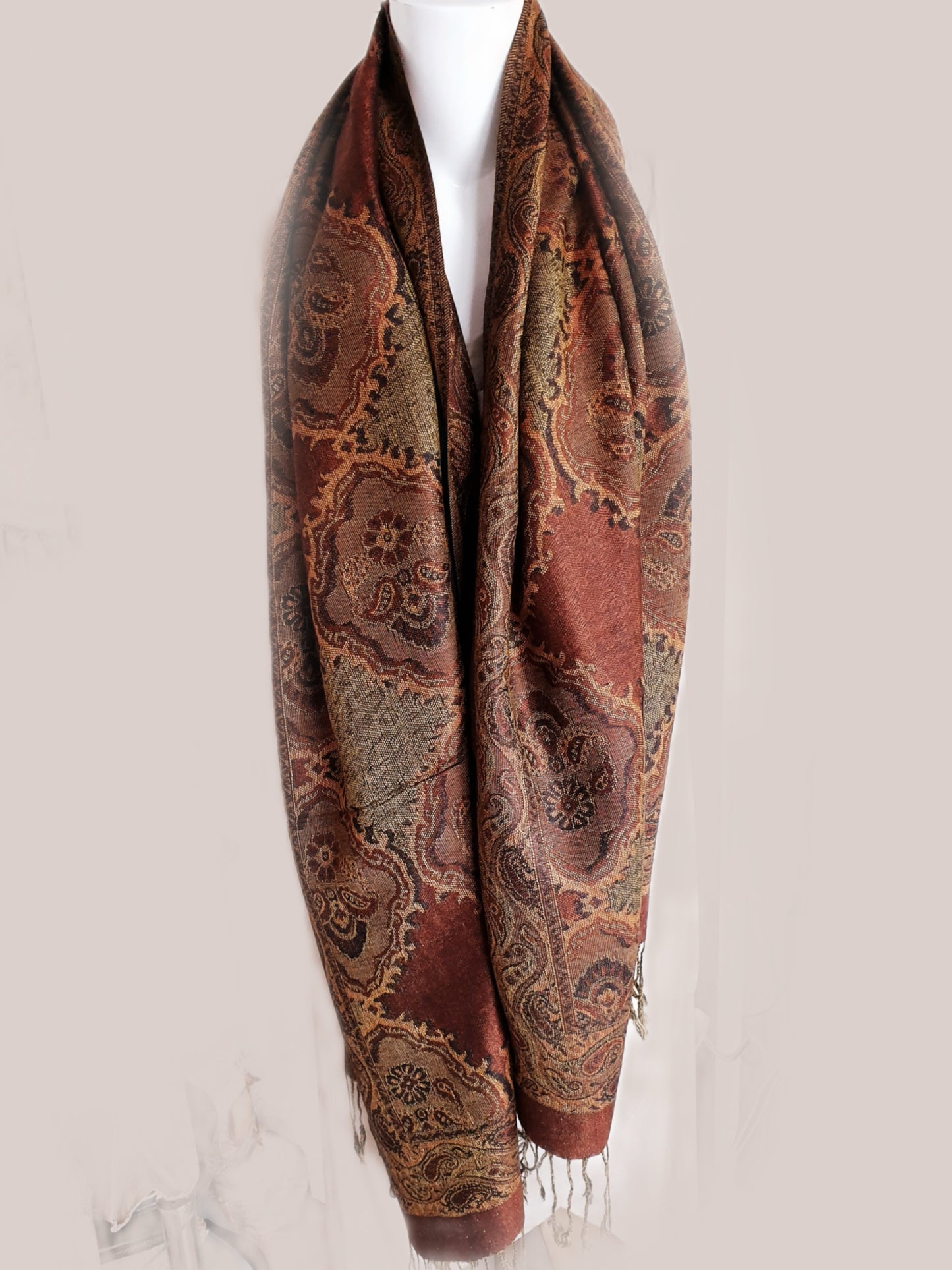 Schal boho gobelin braun olivgrün Cognac