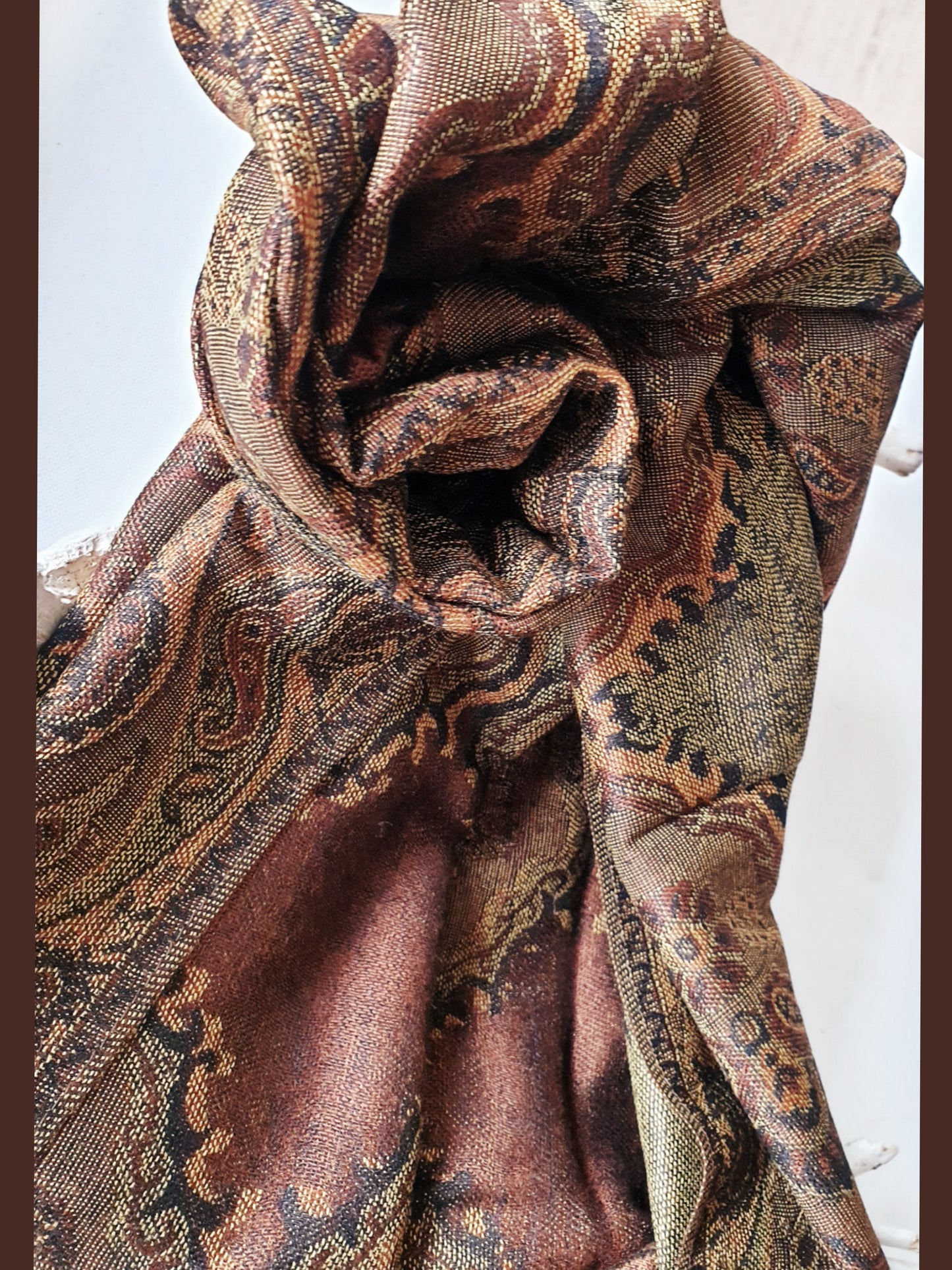 Schal boho gobelin braun olivgrün Cognac