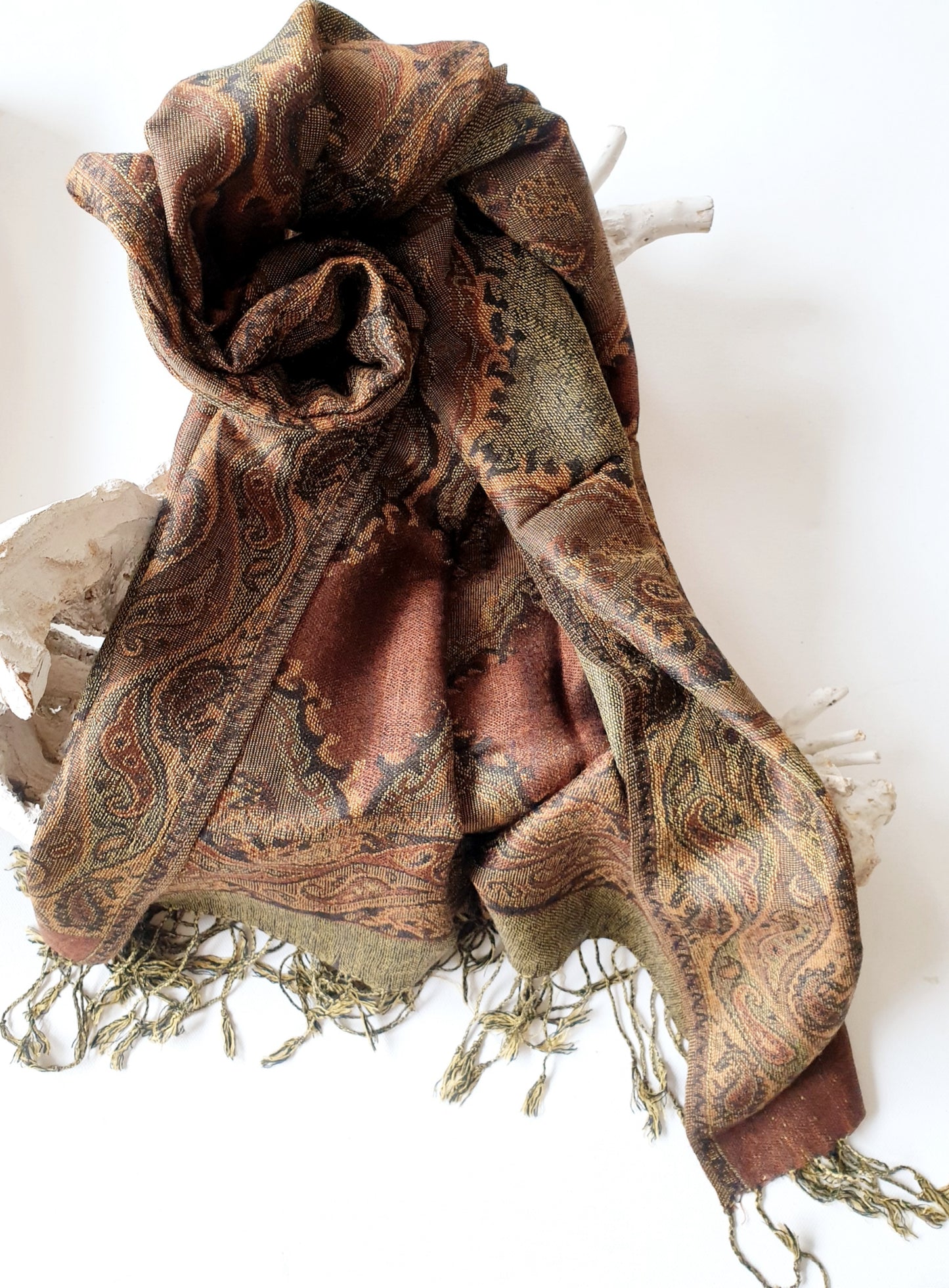 Schal boho gobelin braun olivgrün Cognac