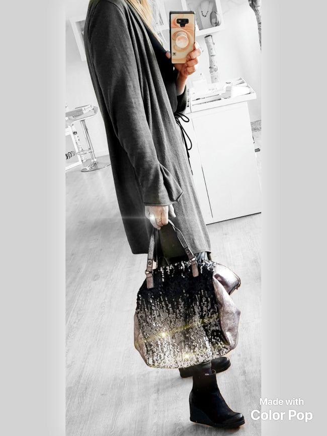 Große Ledertasche mit Pailletten in Grau Silber