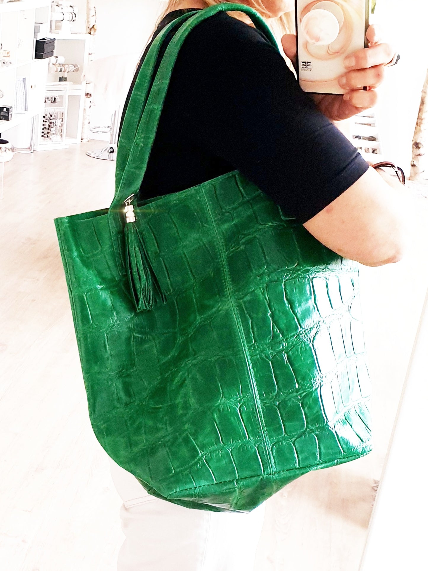Tasche Shopper mit Krokoprägung in Grün