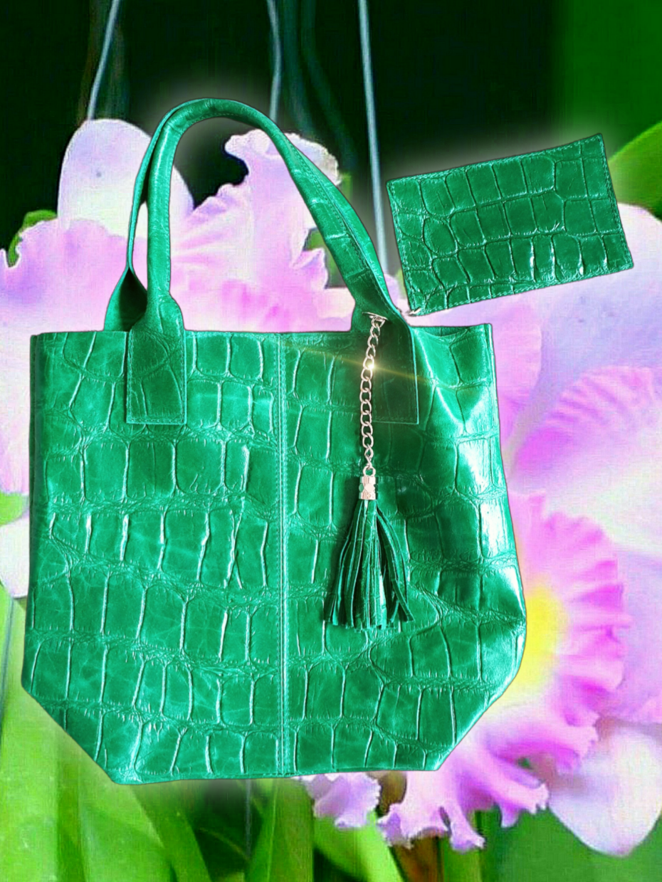 Tasche Shopper mit Krokoprägung in Grün