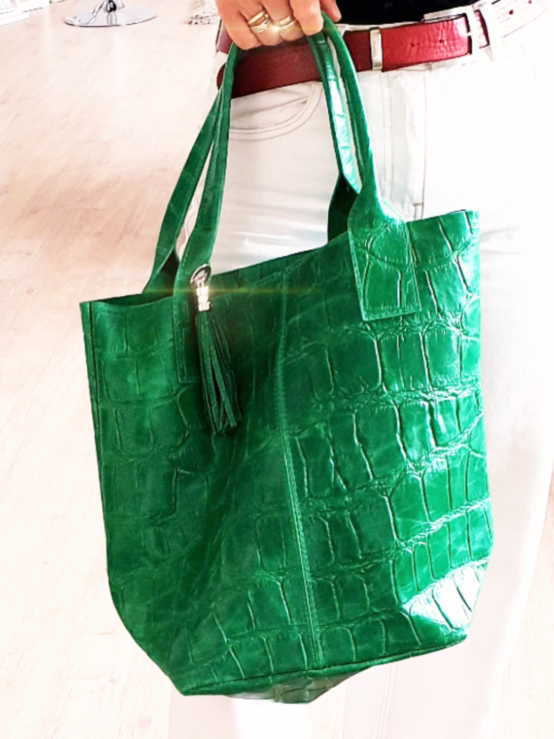 Tasche Shopper mit Krokoprägung in Grün