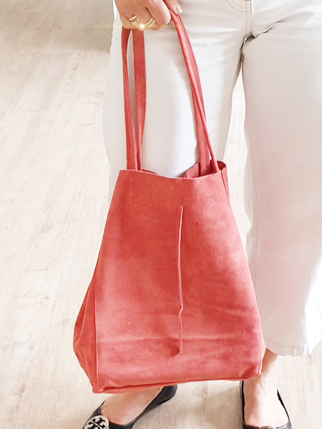 Tasche Shopper aus Wildleder in Koralle