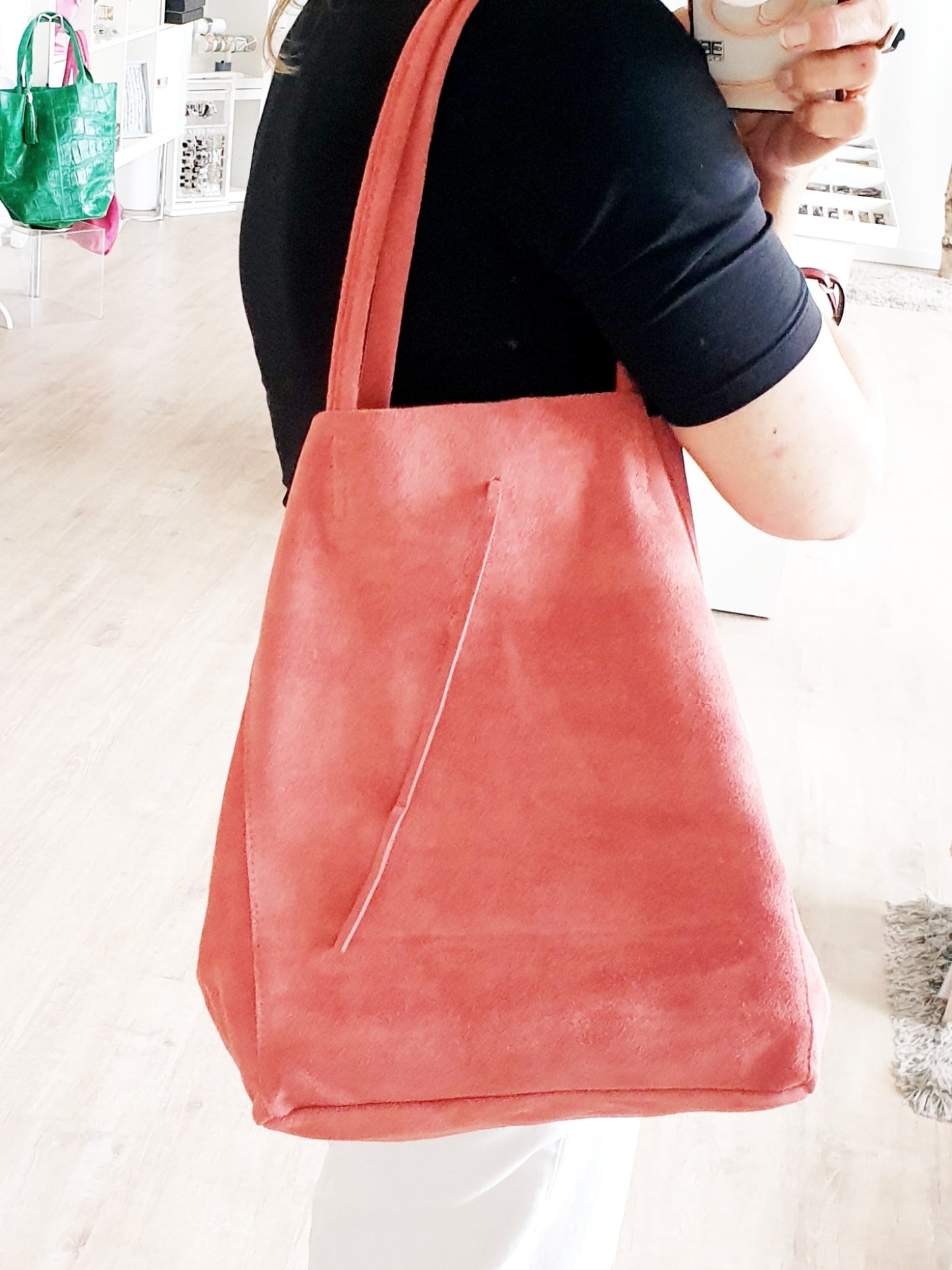 Tasche Shopper aus Wildleder in Koralle