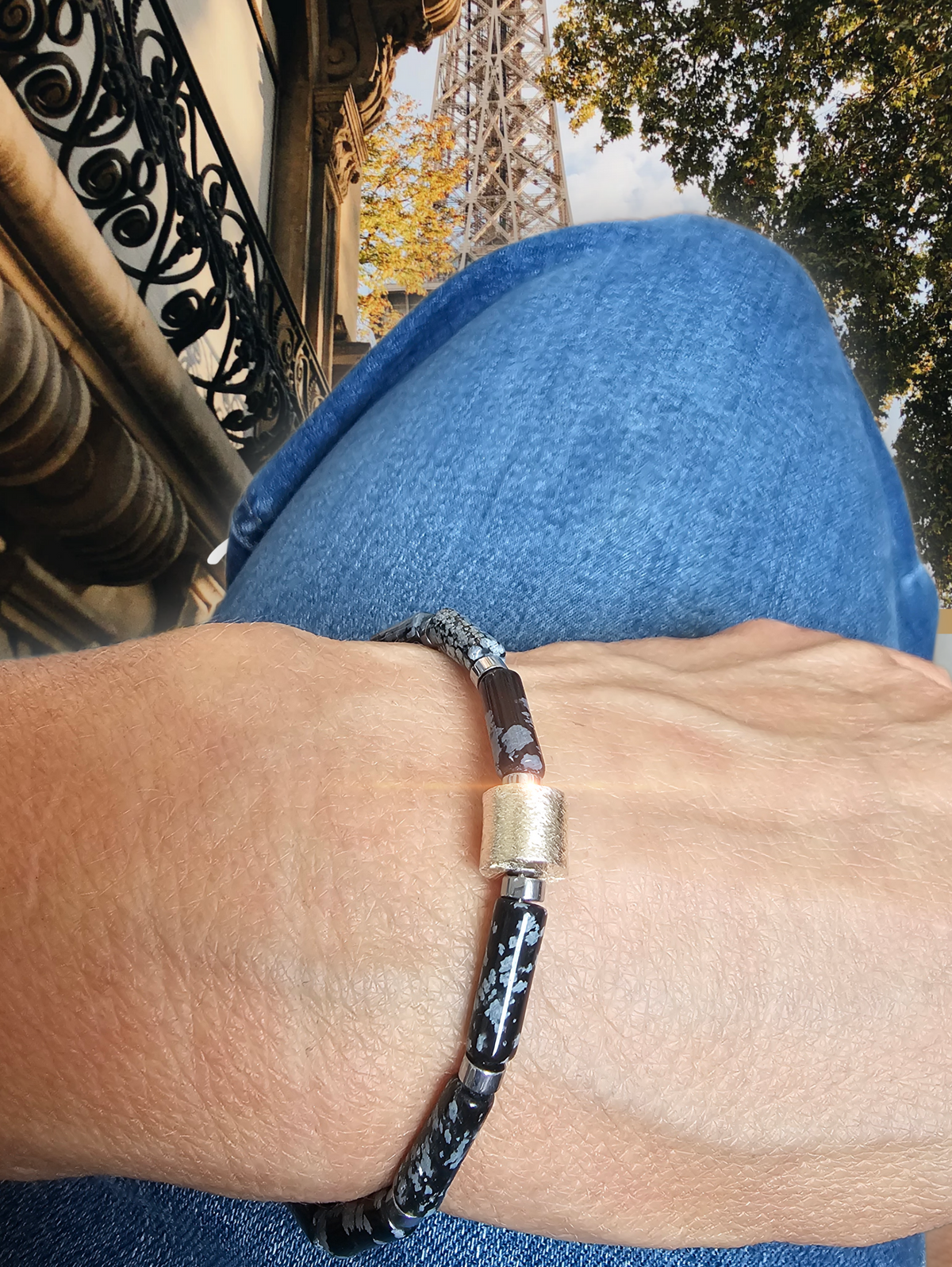 Armreif - Schneeflockenobsidian  - Schwarz Weiß - Sterlingsilber - Edelstahl