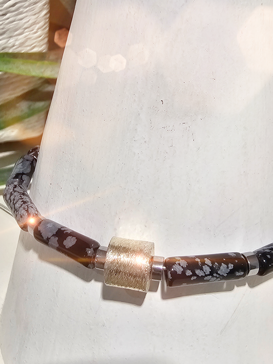 Armreif - Schneeflockenobsidian  - Schwarz Weiß - Sterlingsilber - Edelstahl