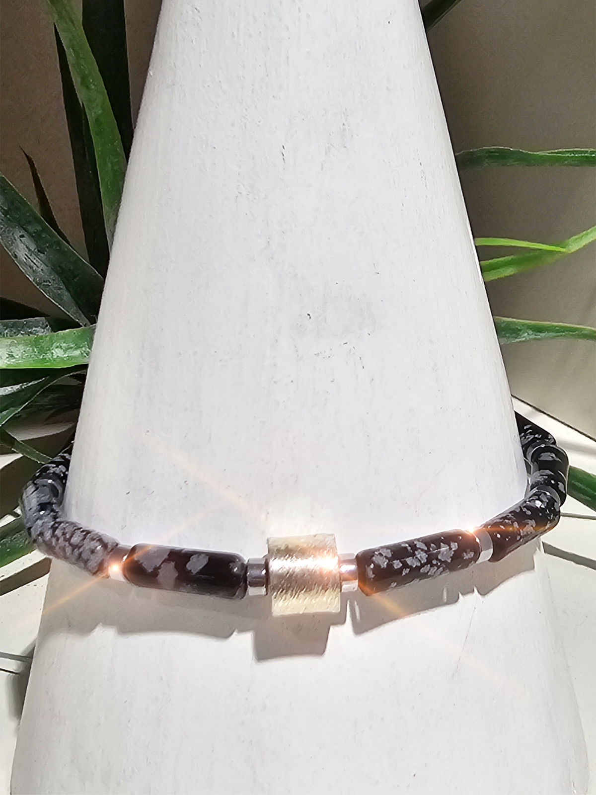 Armreif - Schneeflockenobsidian  - Schwarz Weiß - Sterlingsilber - Edelstahl