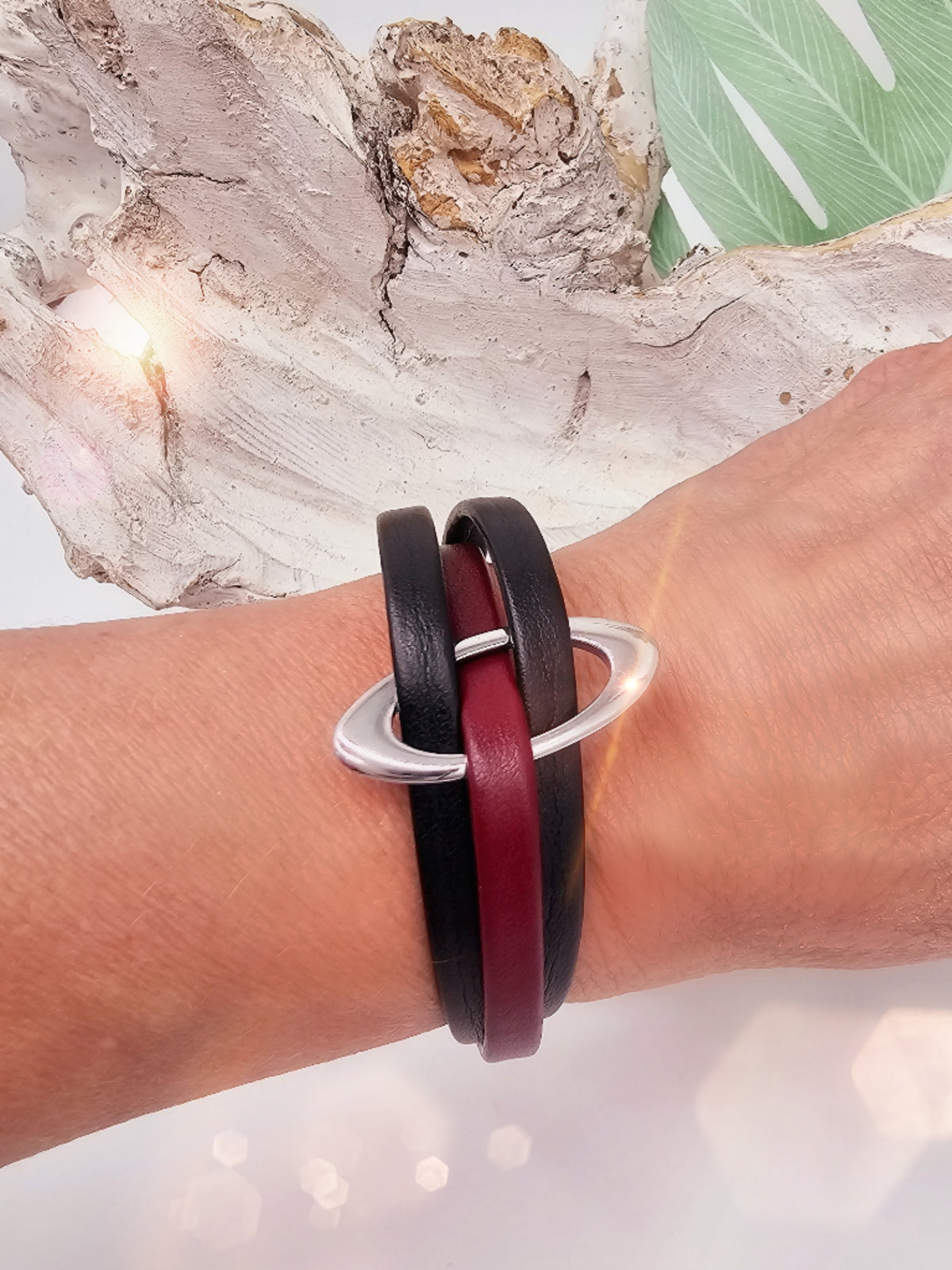 Damen Lederarmband - Rot - Schwarz - Edelstahl - Silber