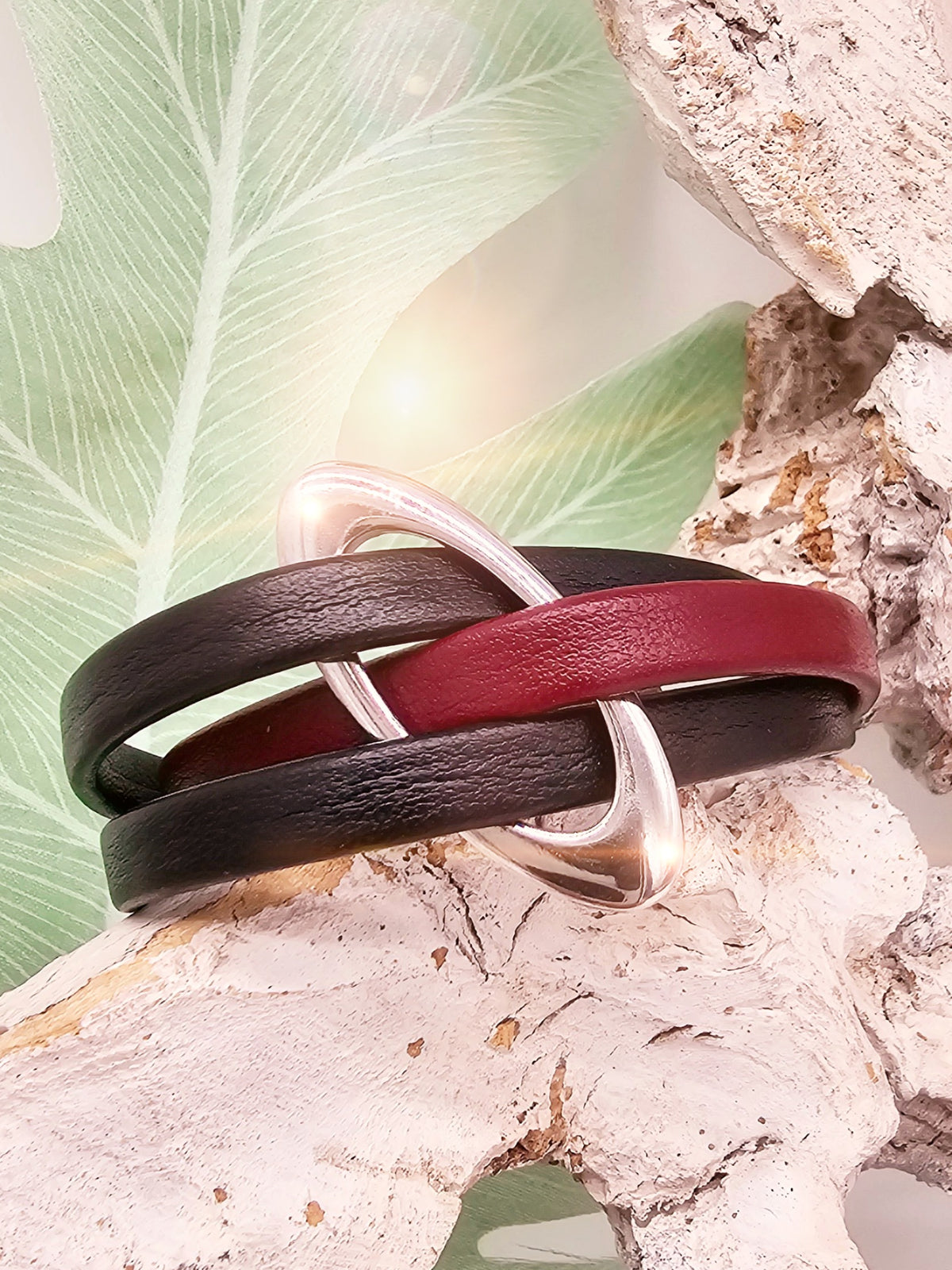 Damen Lederarmband - Rot - Schwarz - Edelstahl - Silber