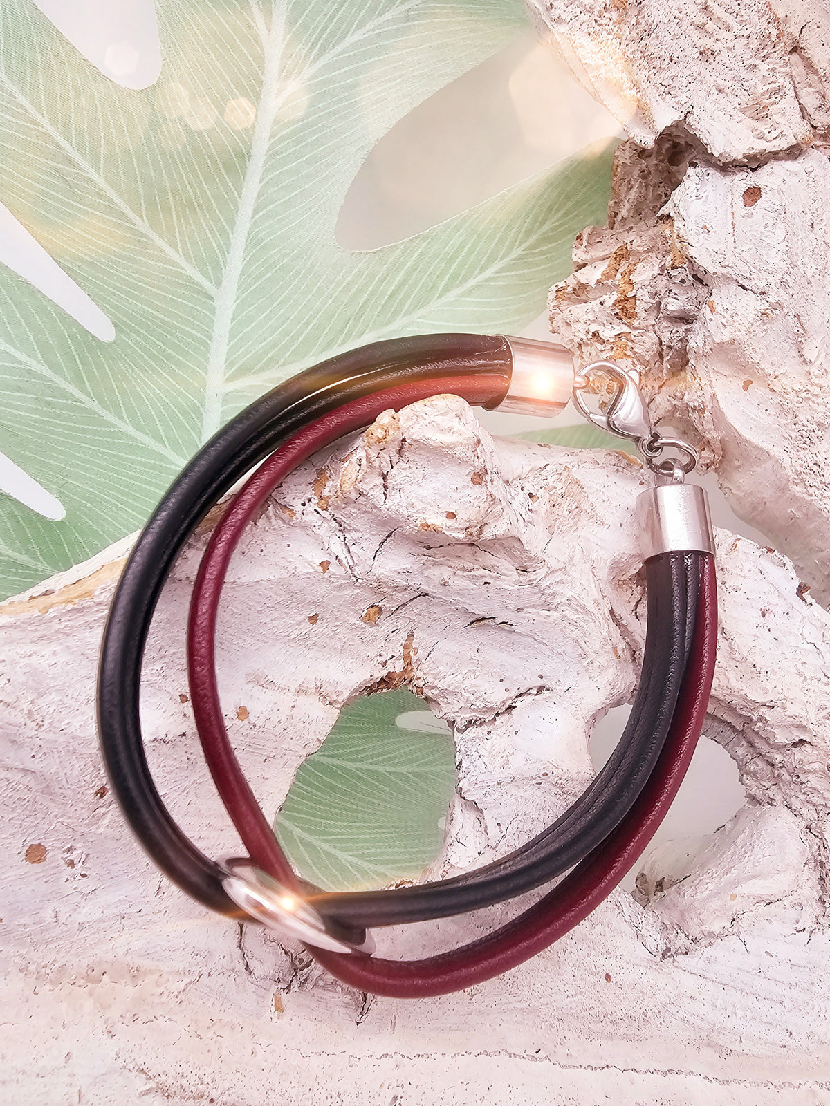 Damen Lederarmband - Rot - Schwarz - Edelstahl - Silber
