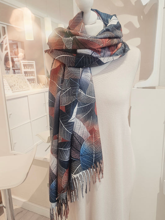 SCHAL Tuch / feiner Jersey / Orange Jeansblau / Blättermuster