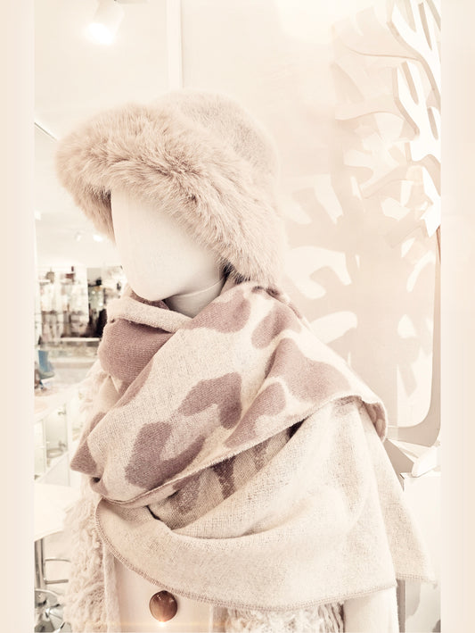 Langer Schal aus Viskose-Wolle mit Leomuster - Beige-Taupe mit dezentem Glitzereffekt / NONarte