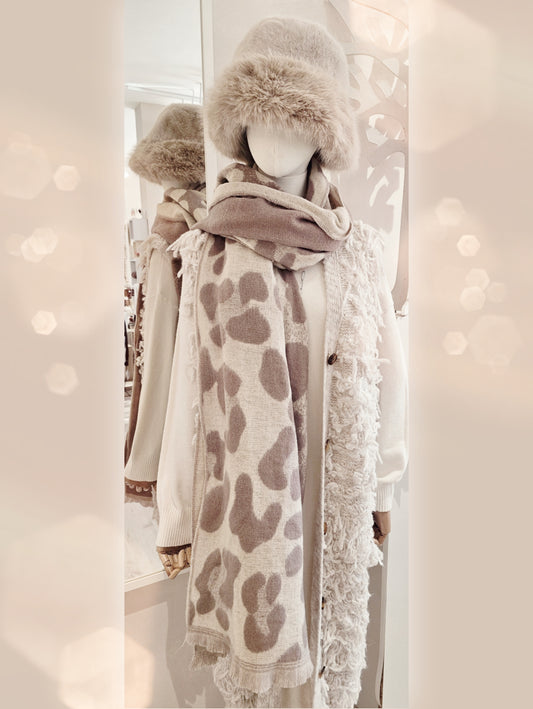 Langer Schal aus Viskose-Wolle mit Leomuster - Beige-Taupe mit dezentem Glitzereffekt / NONarte