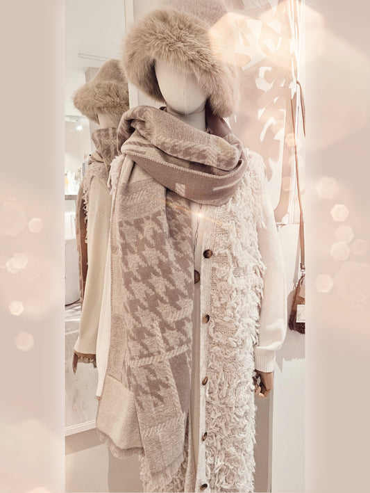 Langer Schal aus Viskose-Wolle mit Pepitamuster - Beige-Taupe mit dezentem Glitzereffekt / NONarte