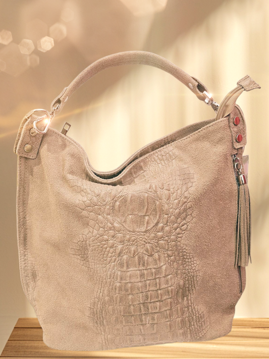 Tasche Umhängetasche / Helltaupe Beige / Wildleder Krokoprägung /2 Gurte