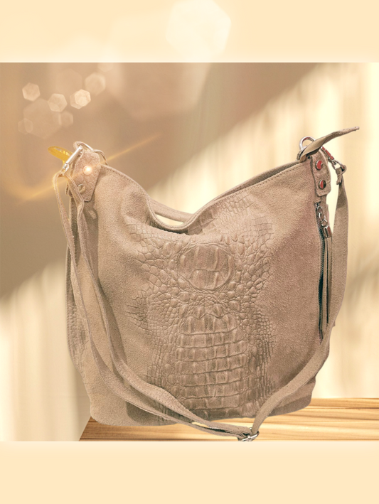 Tasche Umhängetasche / Helltaupe Beige / Wildleder Krokoprägung /2 Gurte
