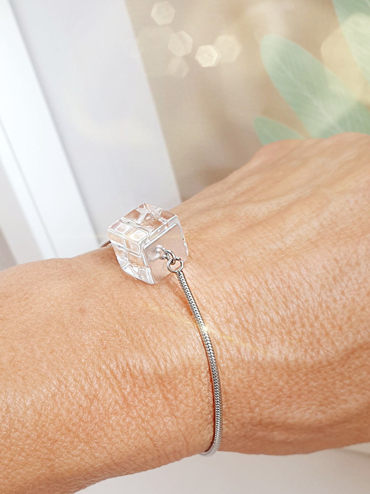 Armband ZUGARMBAND / Edelstahl BERGKRISTALL Würfel klar / verstellbar