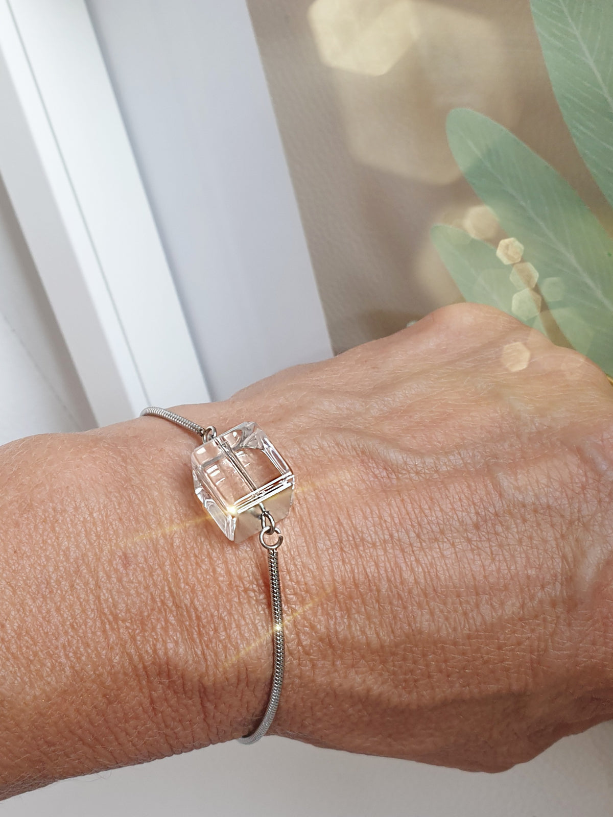 Armband ZUGARMBAND / Edelstahl BERGKRISTALL Würfel klar / verstellbar