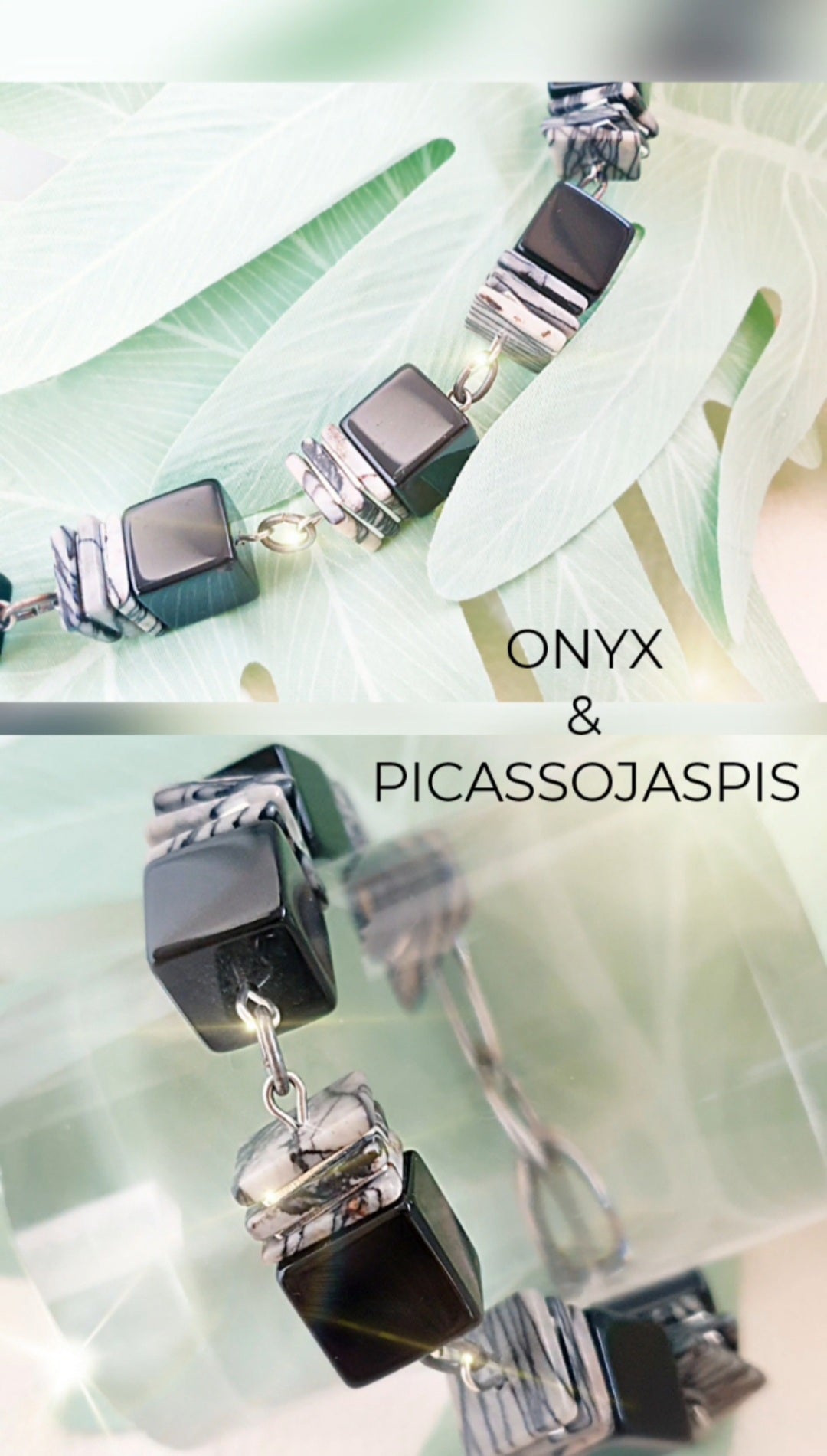 Armband aus großen Onyxwürfeln mit Picassojaspis