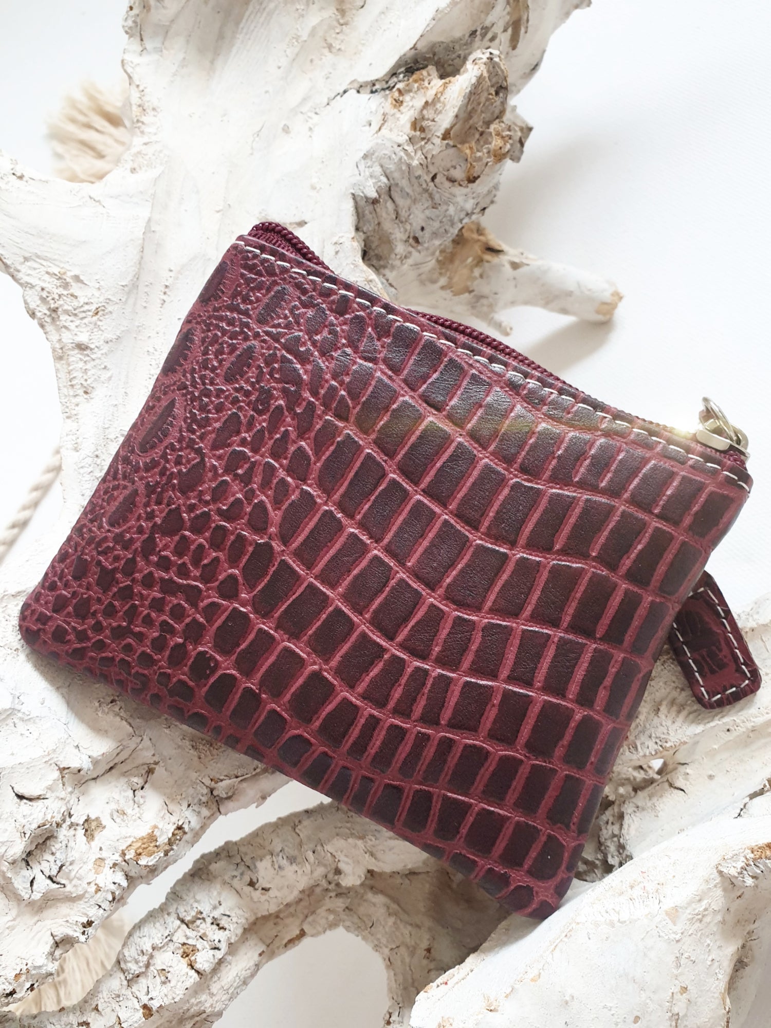 Schlüsselmäppchen BAG in Bag Schlüsselanhänger Leder dunkelrot mit krokomuster
