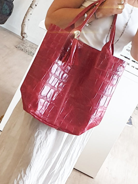 Tasche Shopper in Rot aus Leder mit Krokopraegung gross