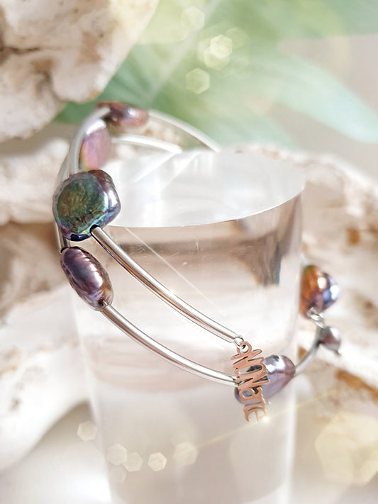 Wickelarmreif Armreif aus Edelstahl mit dunklen Barockperlen