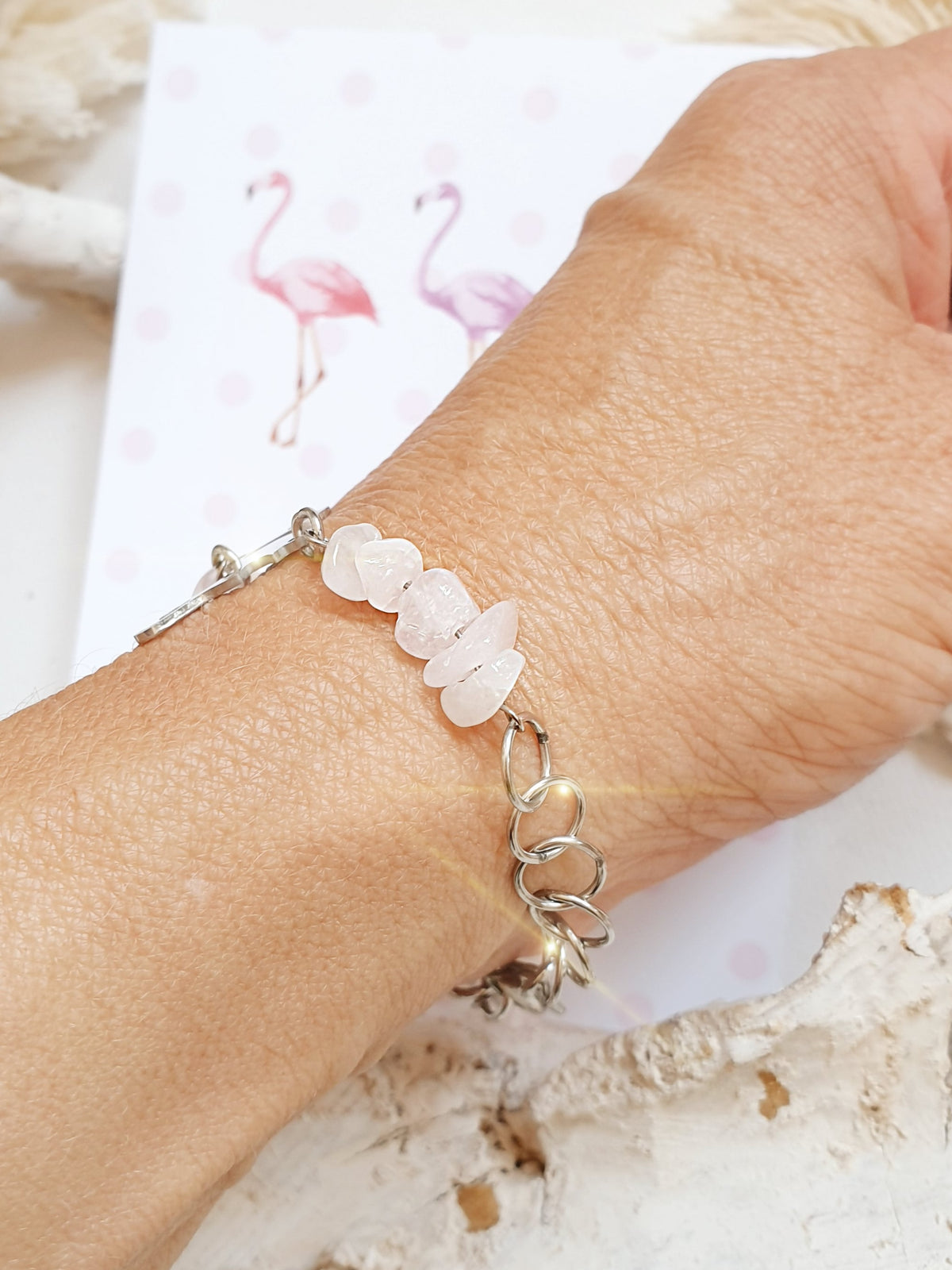 Armband mit Rosenquarz und Flamingo