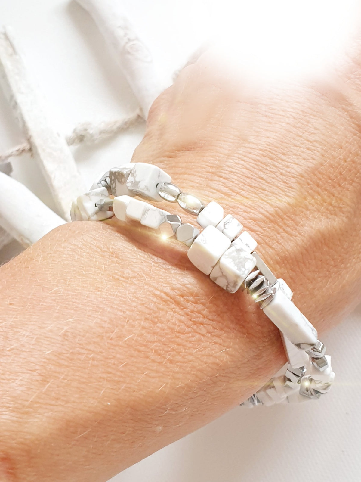 Wickelarmband Armreif Magnesit Weiß Silber