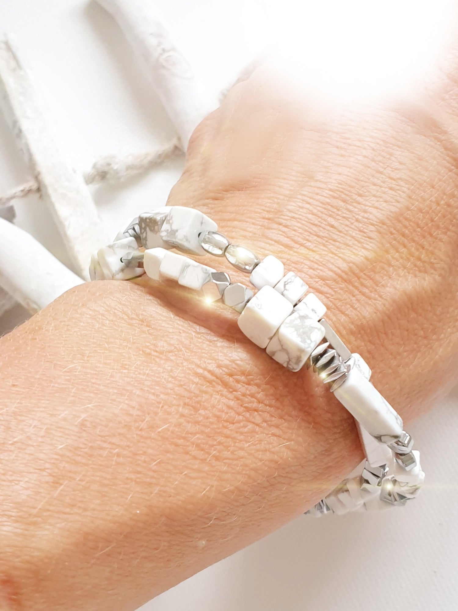 Wickelarmband Armreif Magnesit Weiß Silber