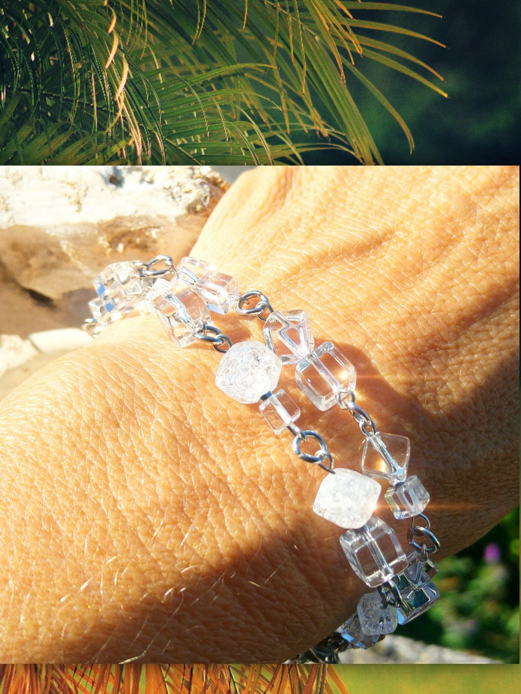 Zierliches Armband aus Bergkristallwürfeln klar und gecrasht