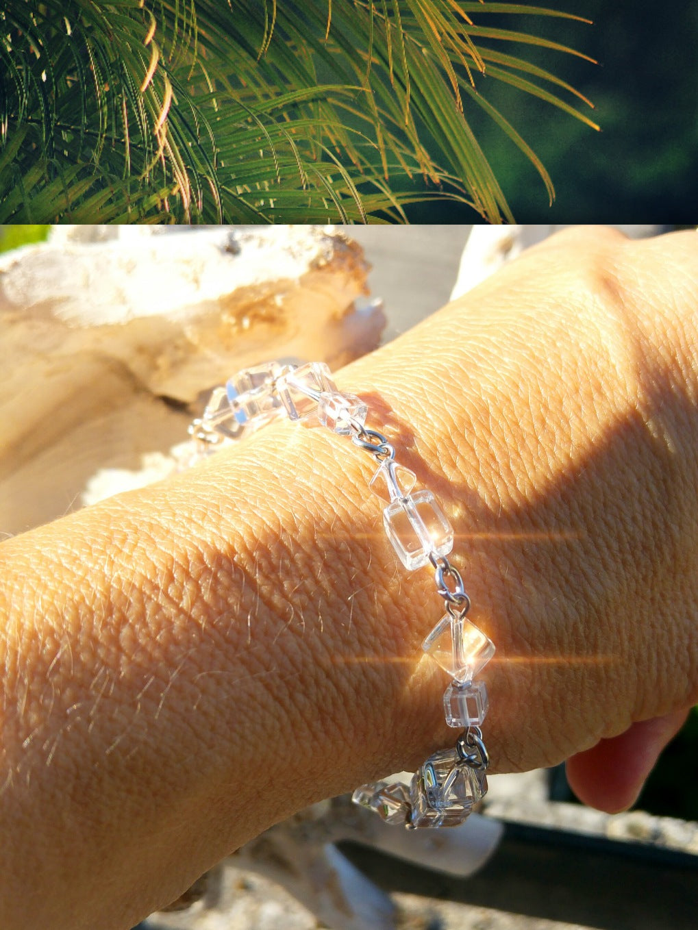 Zierliches Armband aus Bergkristallwürfeln klar und gecrasht