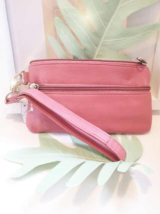 Mäppchen 3 Fächer mit Reißverschluss und Handschlaufe aus Leder in Pink