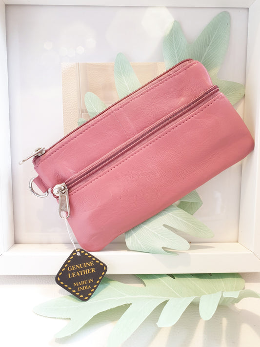 Mäppchen 3 Fächer mit Reißverschluss und Handschlaufe aus Leder in Pink