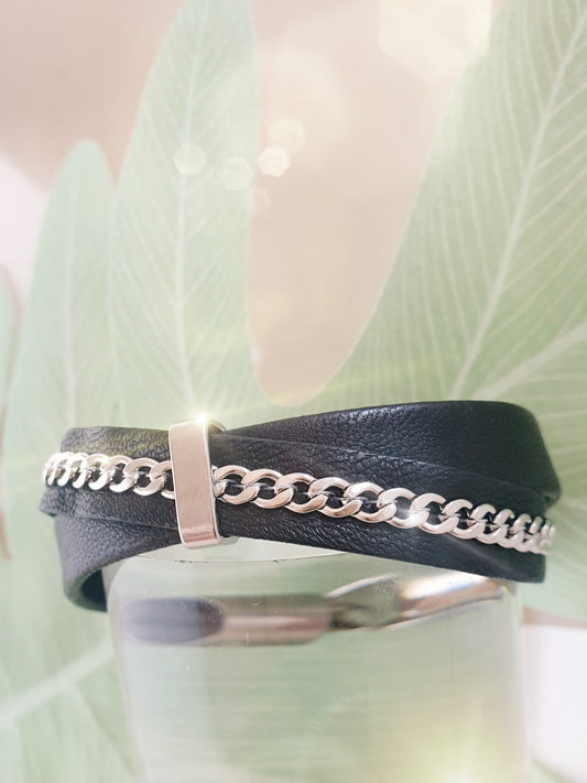 Lederarmband mit Kette in Schwarz