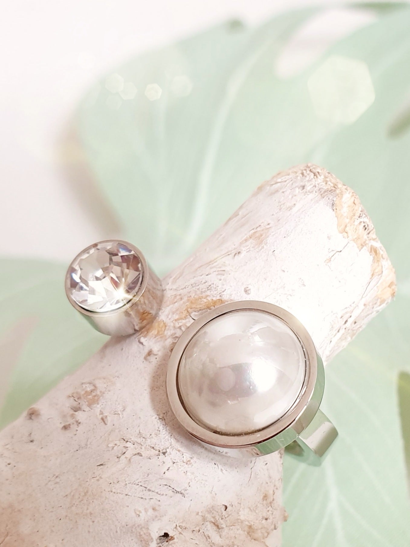 Edelstahlring mit Perle und strassstein Silber