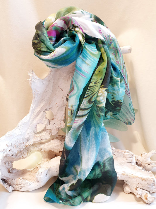 Schal mit Dschungel Muster und Blumen in Grün Türkis Pink