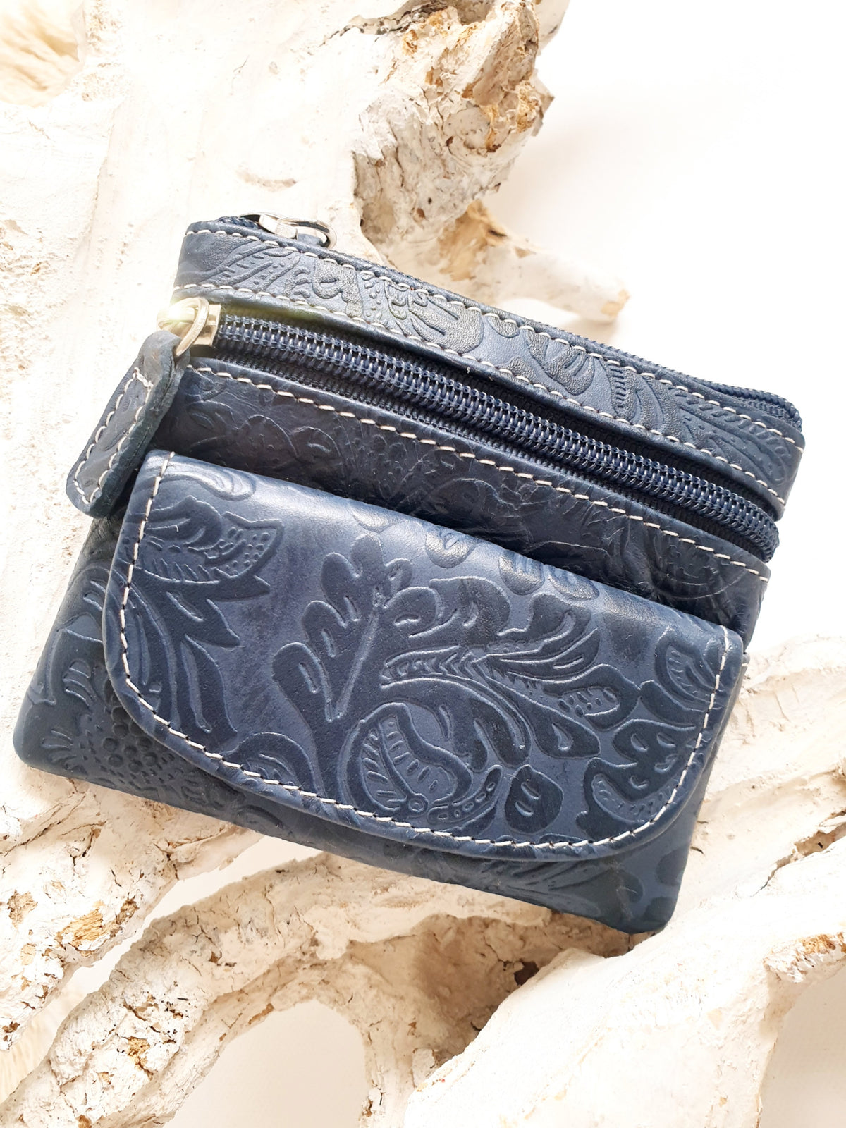 Schlüsselmäppchen BAG in Bag Schlüsselanhänger Leder blau mit Blumenmuster